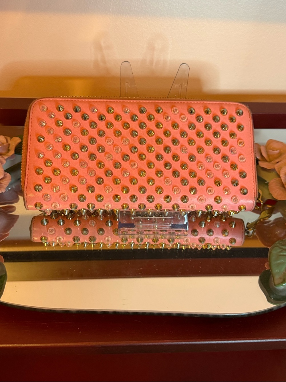 Christian Louboutin Coral Studded Zip Wallet with Gold Spikes
